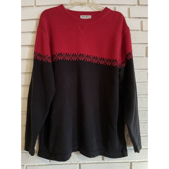 Eddie Bauer Mens Sweater Large Long Sleeve Crewneck Knit Pullover Red & Black - Picture 1 of 6